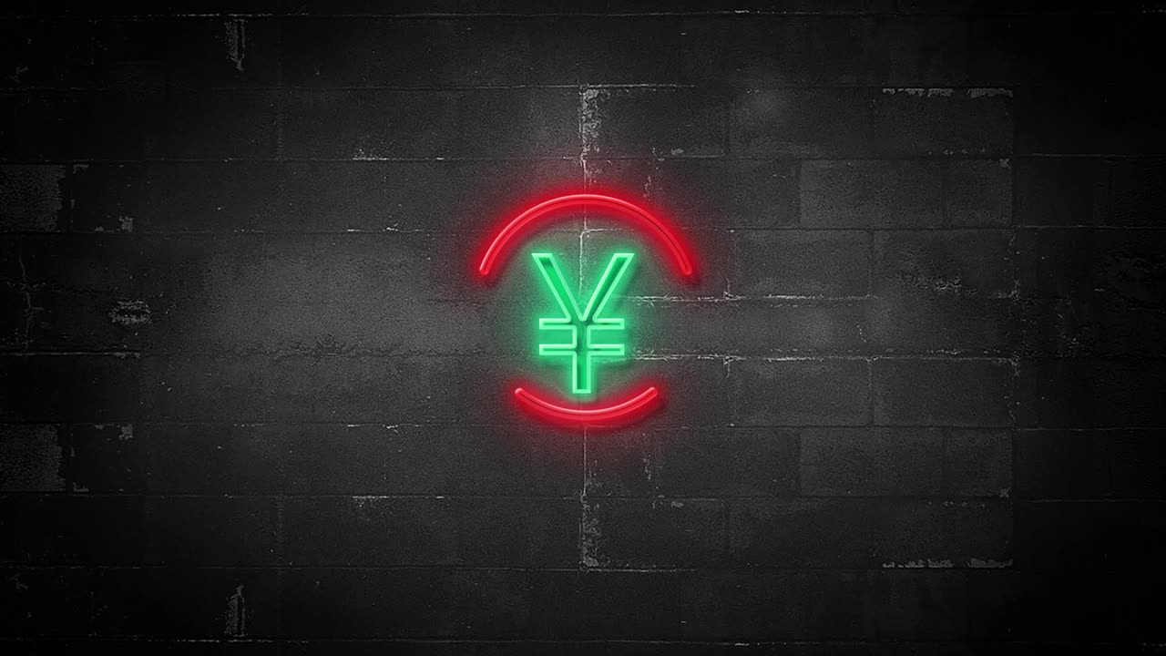 4k 해상도에서 박이는 네온 표지판에 엔 또는 위안 기호를 표시합니다.