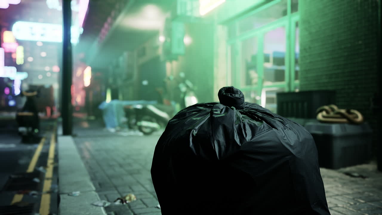 검은색 쓰레기 봉투가 어두운 도시 골목길의 보행자길에 앉아 있습니다.