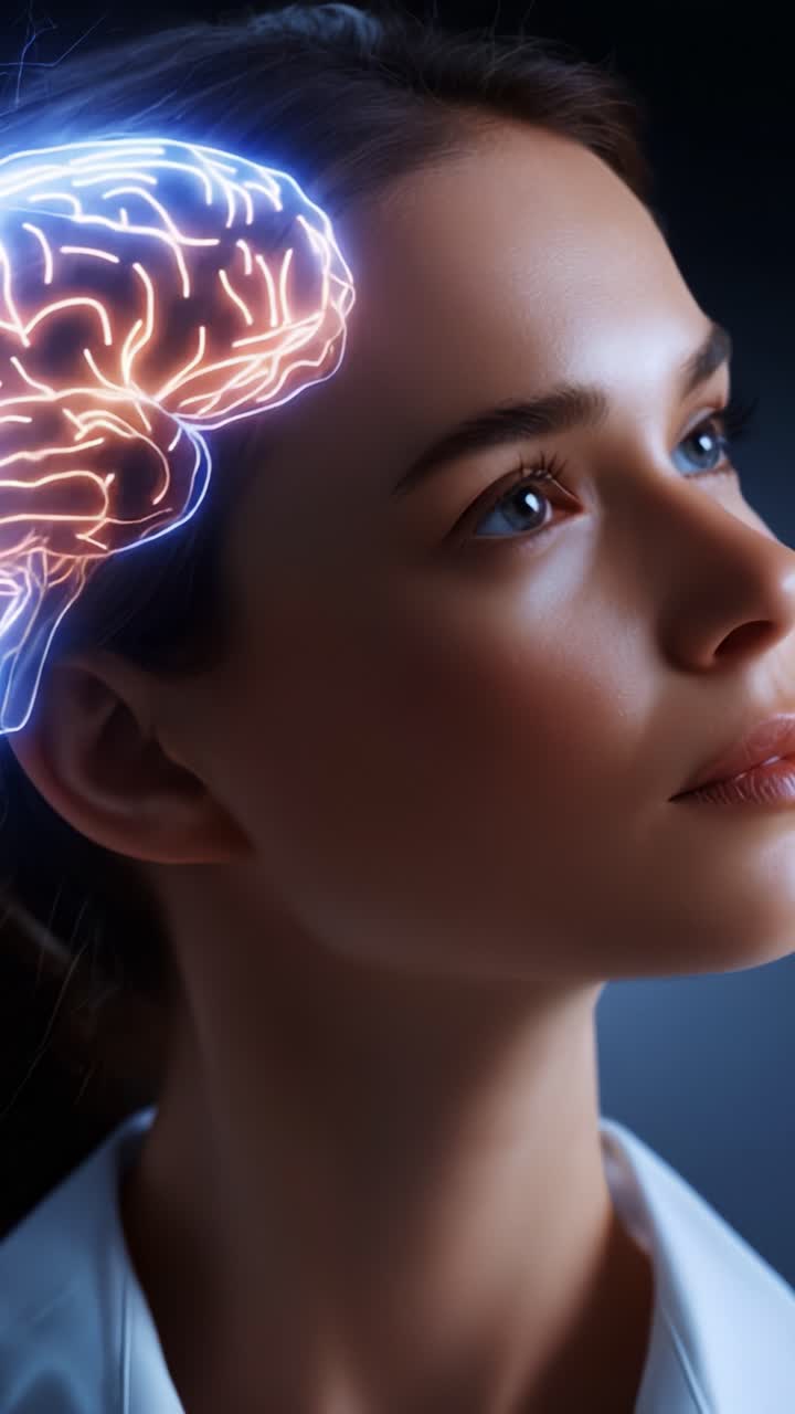 A captivating visual representation of cognitive processes, showcasing a woman's face illuminated by a glowing brain illustration, emphasizing the connection between mind and beauty