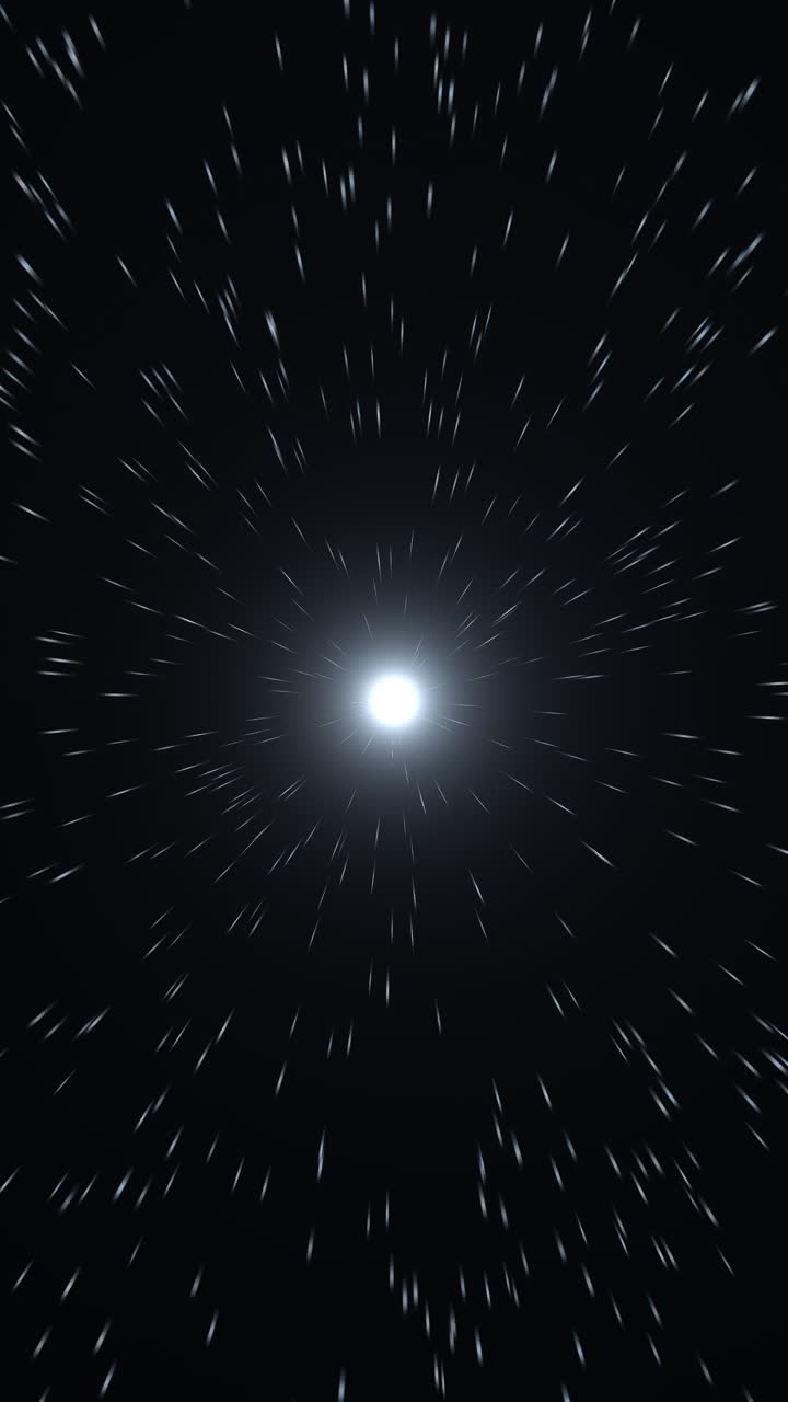 A bright white light radiates outward from the center, surrounded by swirling white particles against a black background, creating a dynamic, explosive effect