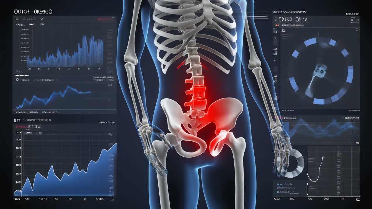 3D-animation af menneskeligt skelet, der viser lændesmerter med medicinske data
