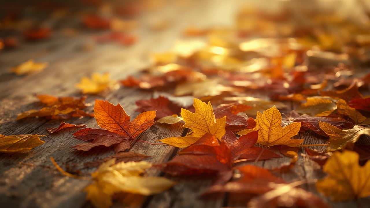 Shifting camera focusing on cluster of autumn leaves on wooden deck to highlight vibrant textures