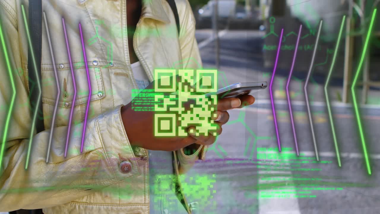 Neon qr code scanner and data processing against mid section of woman using smartphone
