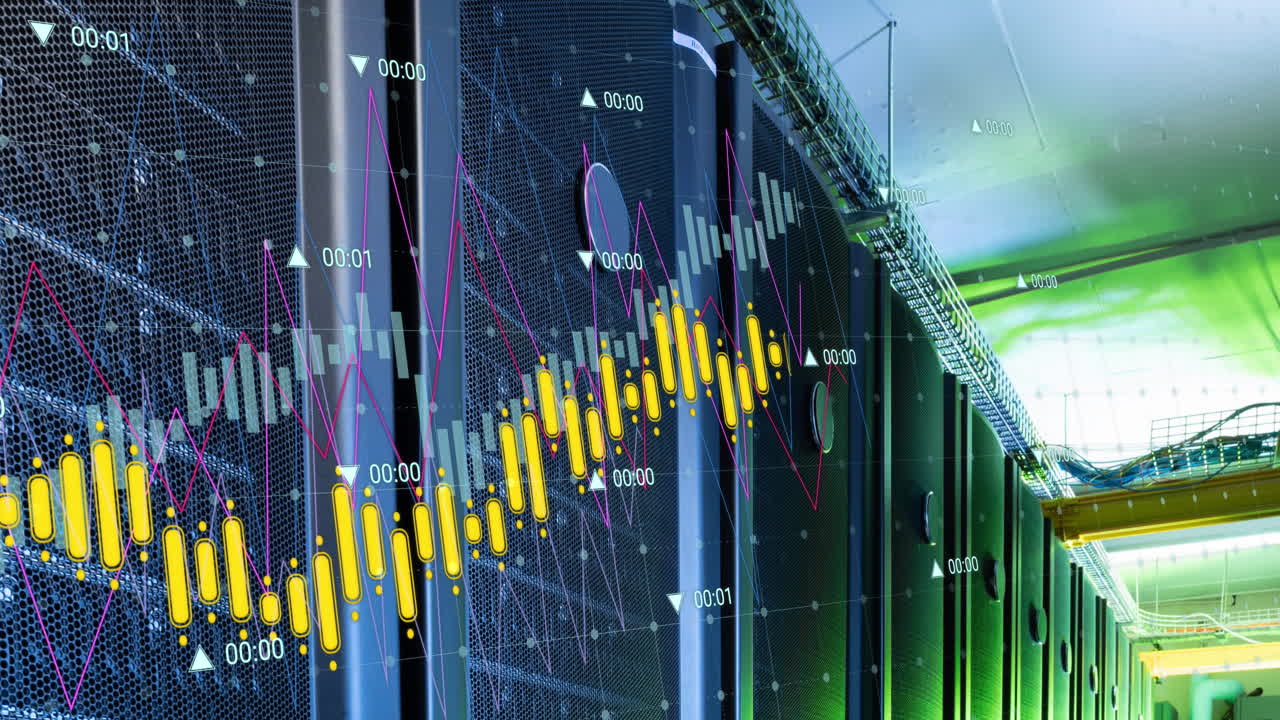 Animazione dell'elaborazione dati su sfondo di una sala server di computer.