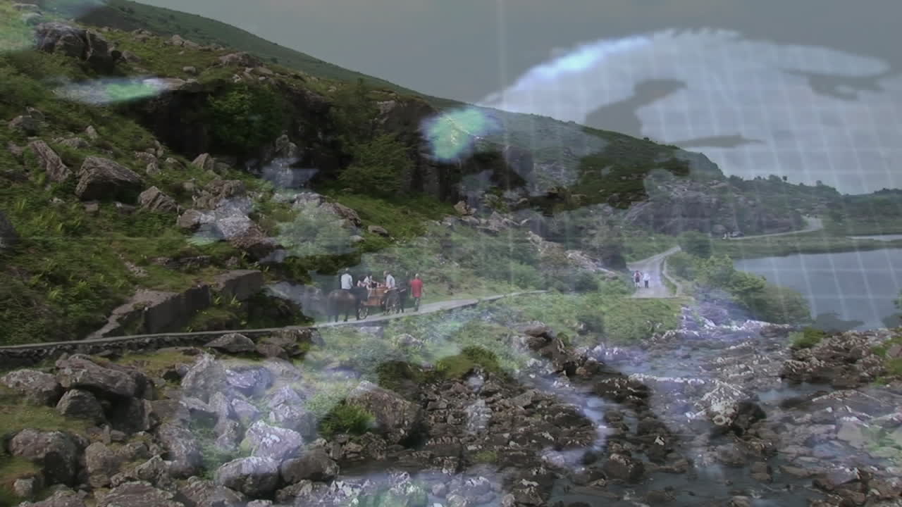 Hikers walking on rocky path with DNA strand animation overlaying scene