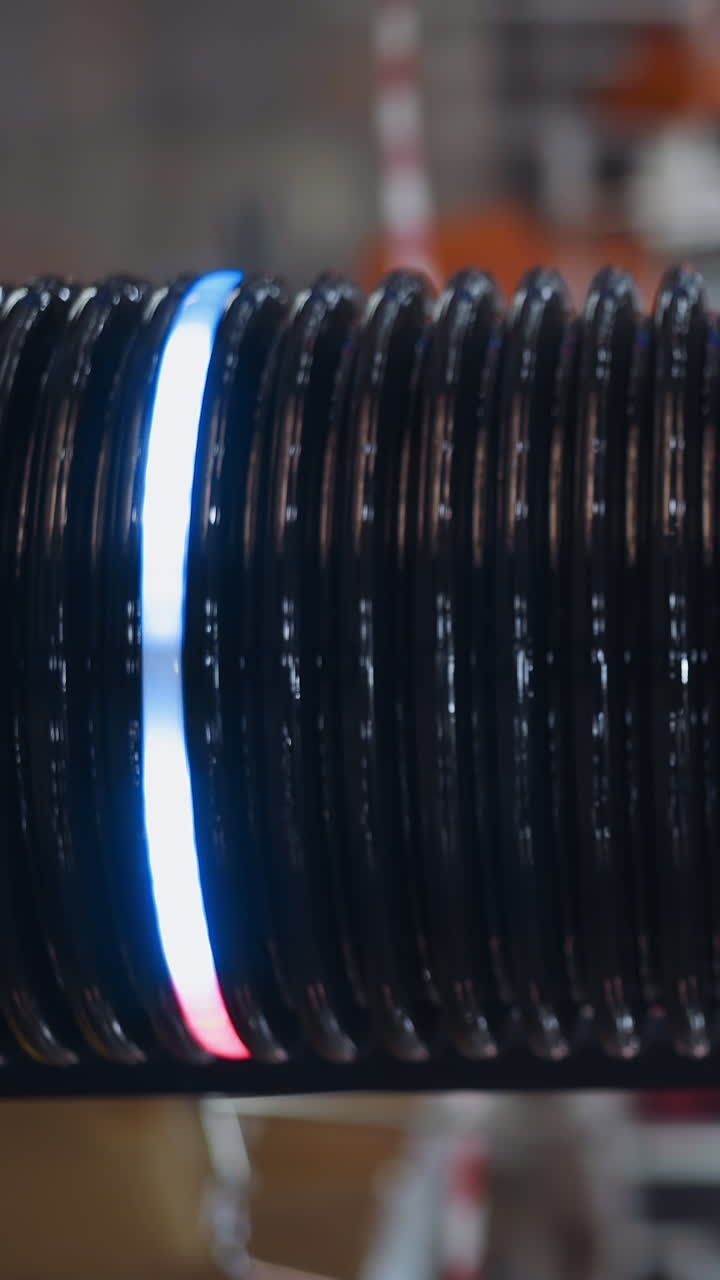 Dark corrugated plastic tube with glowing led rings changing colors as decorative element on blurred background in shopping mall super closeup