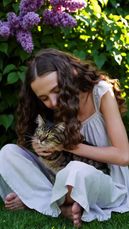 young girl and her cat in a lilac garden