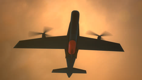 Atmospheric-aerial-view-of-the-military-twin-engine-aircraft.-Airplane-with-wings-and-propellers-on-the-dangerous-mission.-Plane-attacks-ground-target-by-dropping-a-heavy-red-bomb.