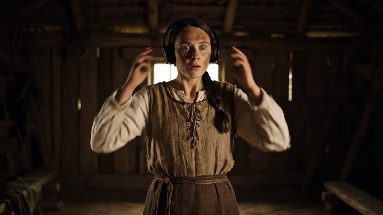 Woman in historical attire listening to headphones in an attic
