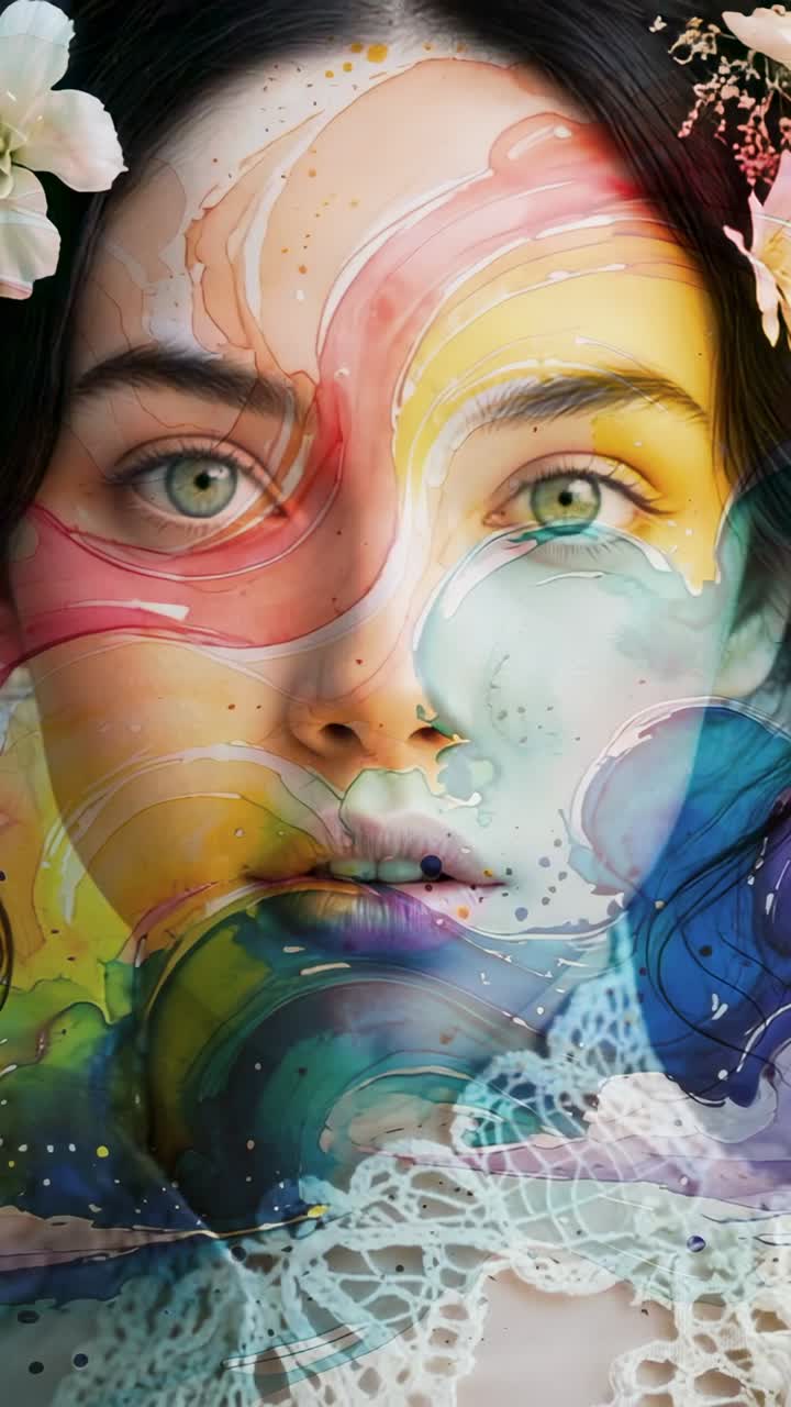 Vertical video: Starting female face having pigments morphing across cheek in set, with lace collar