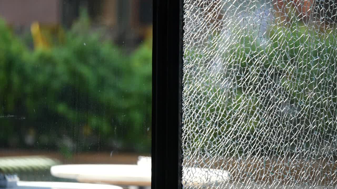 Shattered Window Glass with Greenery View