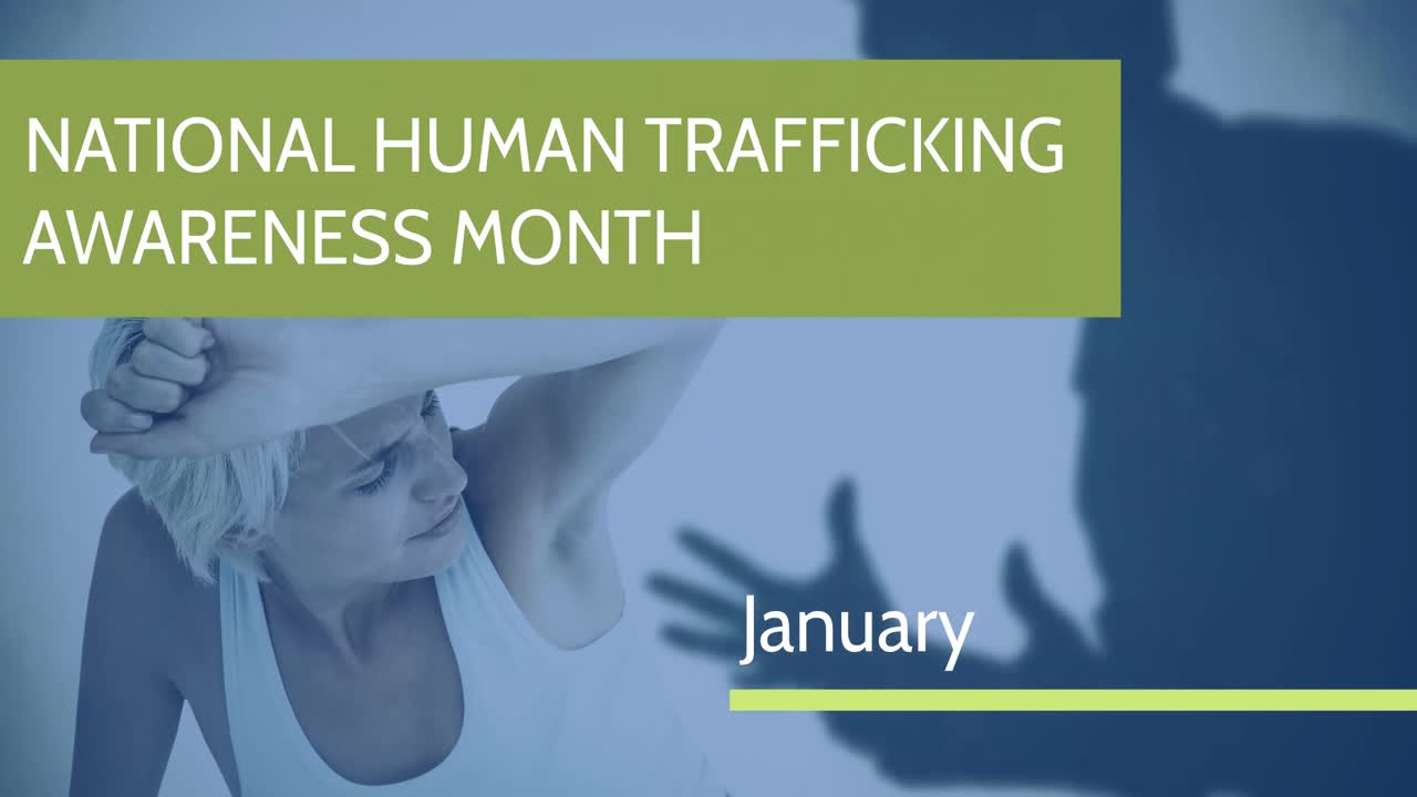 백인 여성과 논쟁하는 남자의 실루 ⁇  위에 있는 인신매매 중단 텍스트의 애니메이션