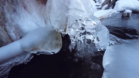 ice forming in interesting shapes on an outdoor water fountain in the mountains