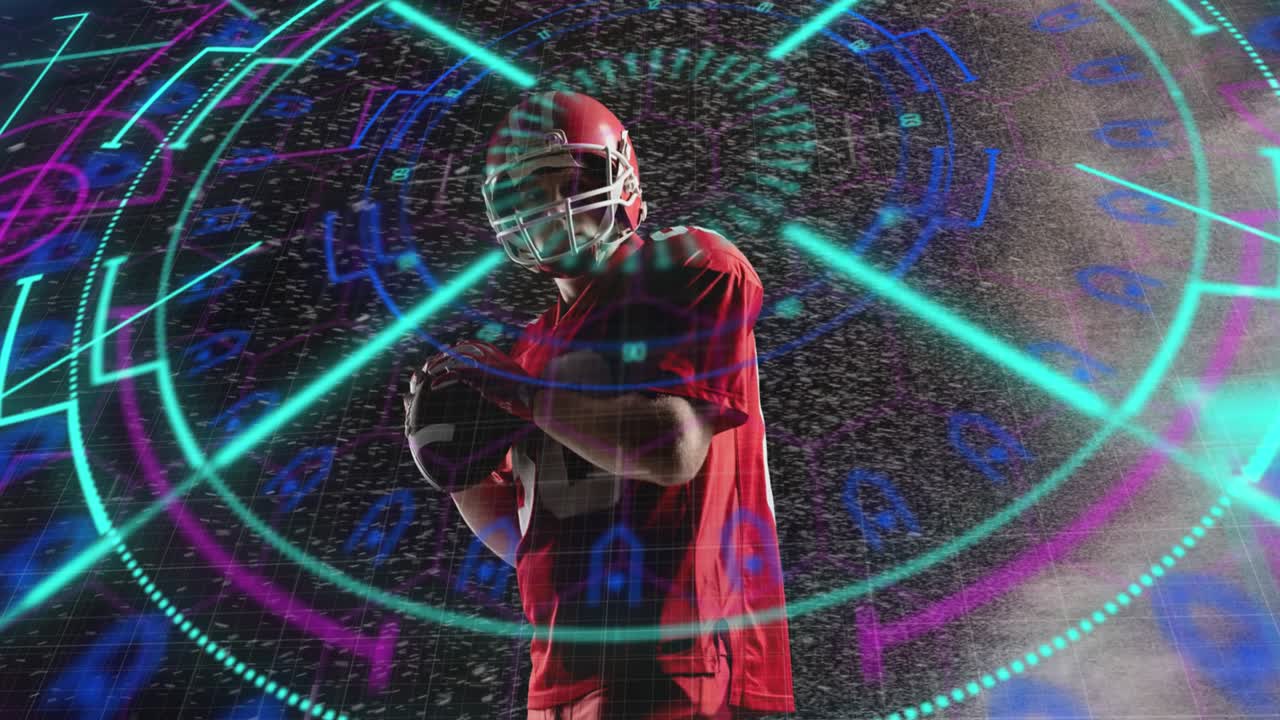 animación del procesamiento de datos sobre un jugador de fútbol americano con pelota