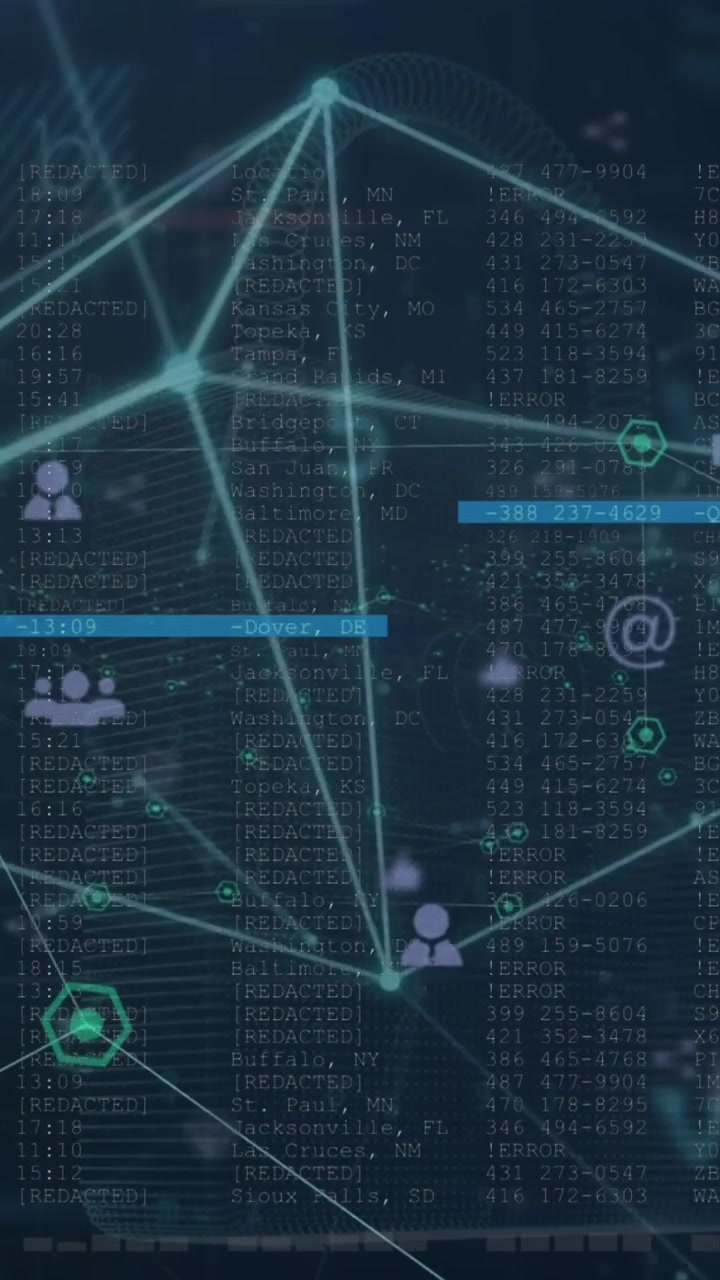 Animation of network of connections and digital icons against cyber security data processing