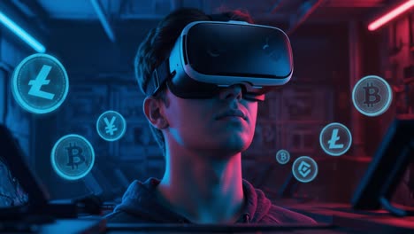 an engaging exploration of virtual reality and cryptocurrency: a user immersed in digital finance and technology while wearing a vr headset in a futuristic environment