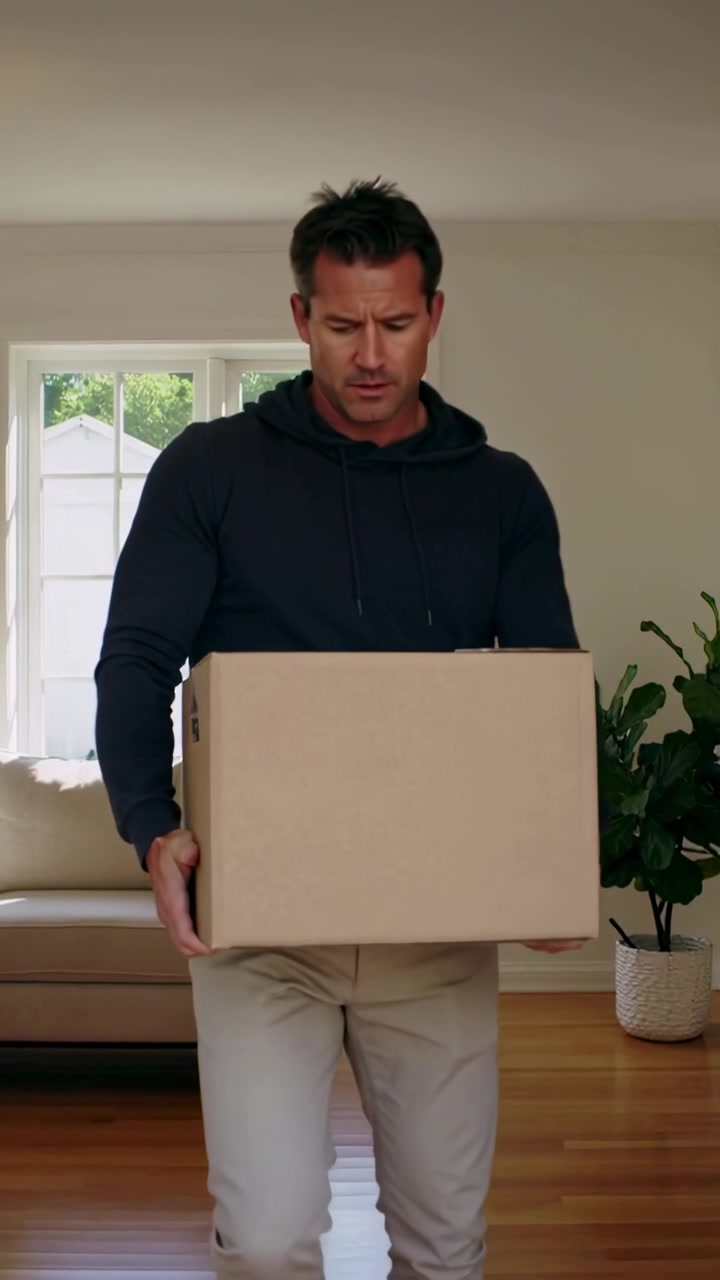 Vertical video: Entering man in navy hoodie holding box across living room, checking label