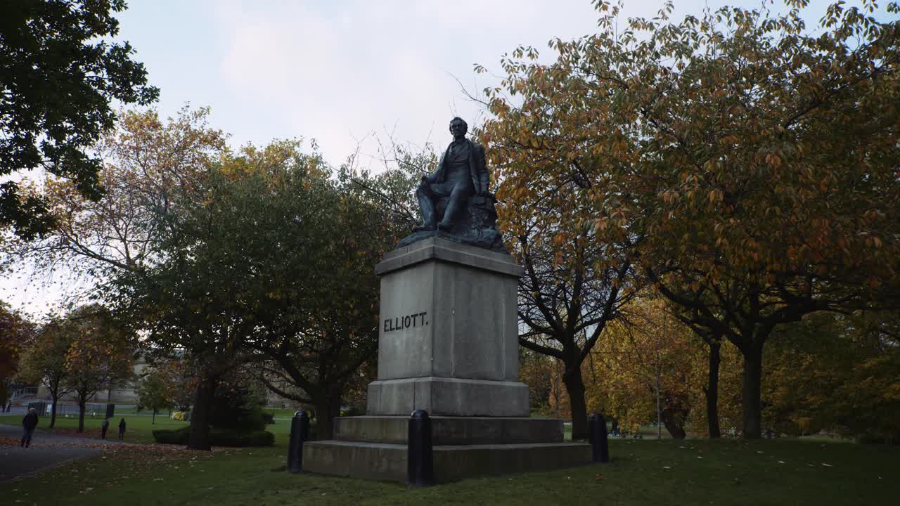 Ebenezer Elliott Statue at Western Park during Autumn Season, University of Sheffield Campus, Sheffield, South Yorkshire, UK.