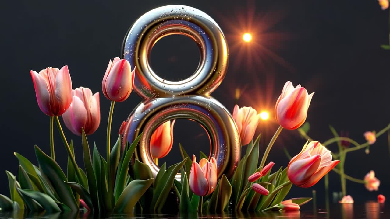 International Women's Day Celebration with Tulips and Metallic Number 8
