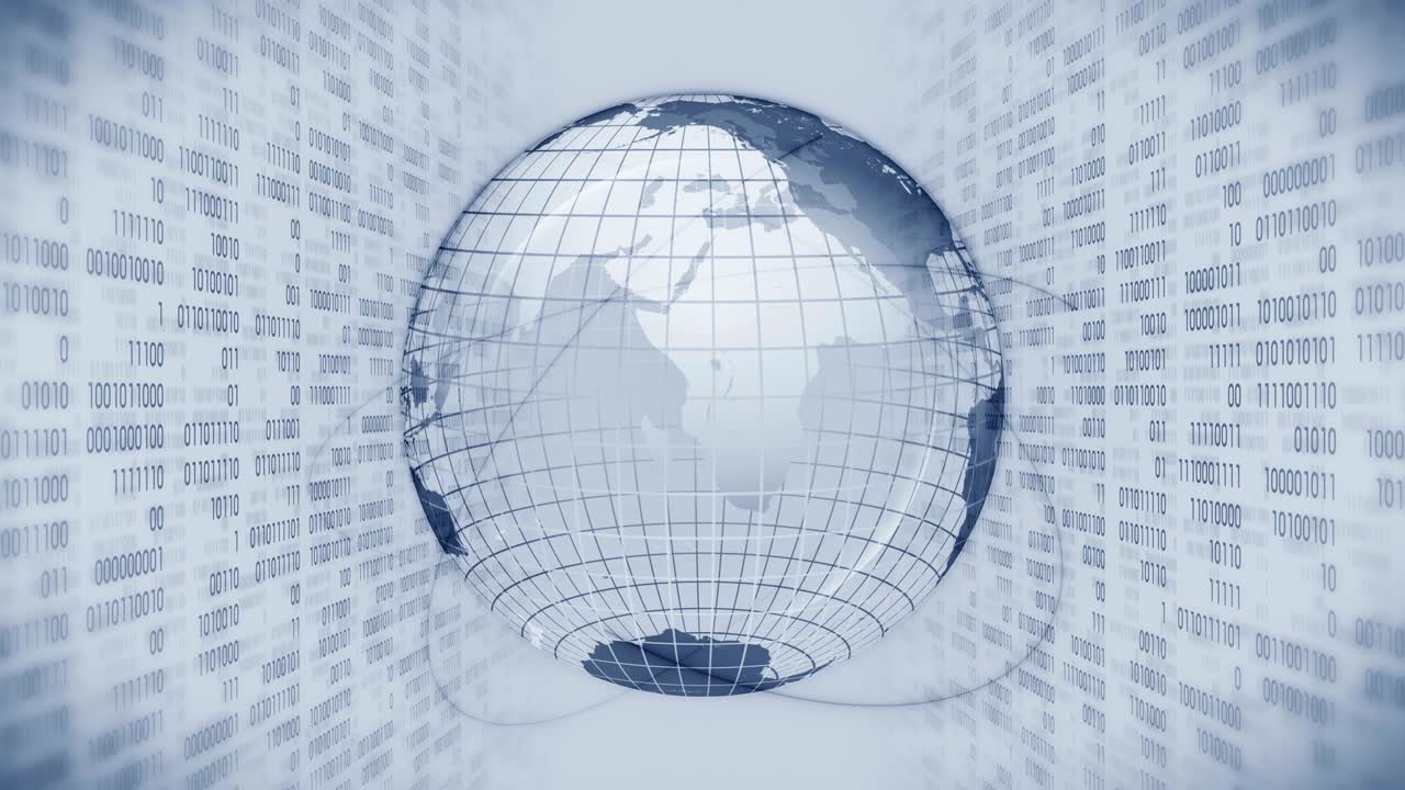 이진 숫자의 배경으로 지구 행성 - 지구를 둘러싼 이진 수 - 하이테크 기술 루프 애니메이션 - 숫자 0과 1