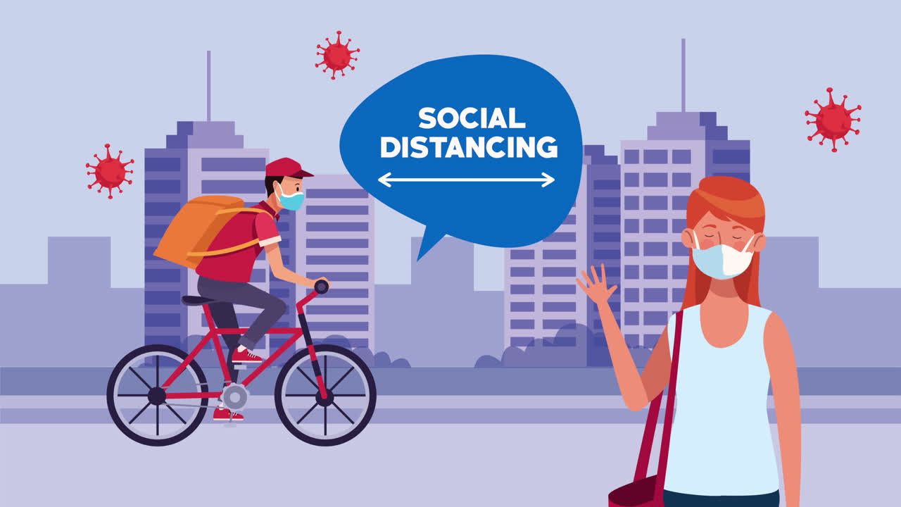 social distancing campaign with delivery worker cyclist and woman using face mask