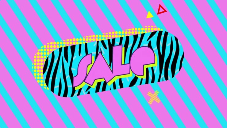 Grafica "Grandi Saldi" su uno sfondo a strisce diagonali rosa e turchesi