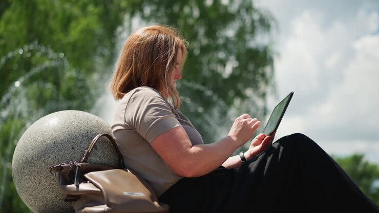 Girl sitting outdoors under clear sky admiring something on phone with gentle smile, sunlight illuminating face, tranquil summer atmosphere showing curiosity