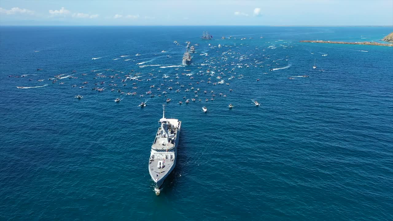 Aerial view of boats in religious procession on Margarita Island, Venezuela