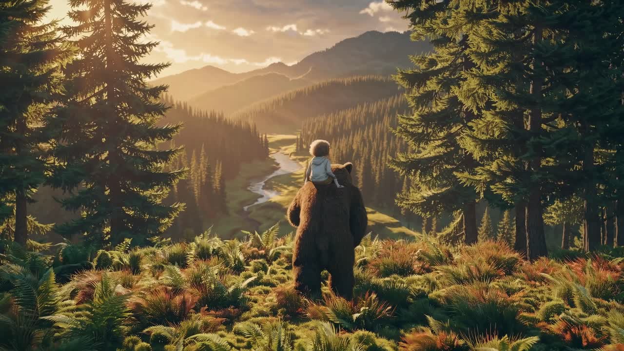 Aerial video view of a child riding a bear through a lush forest at sunset, showcasing a serene