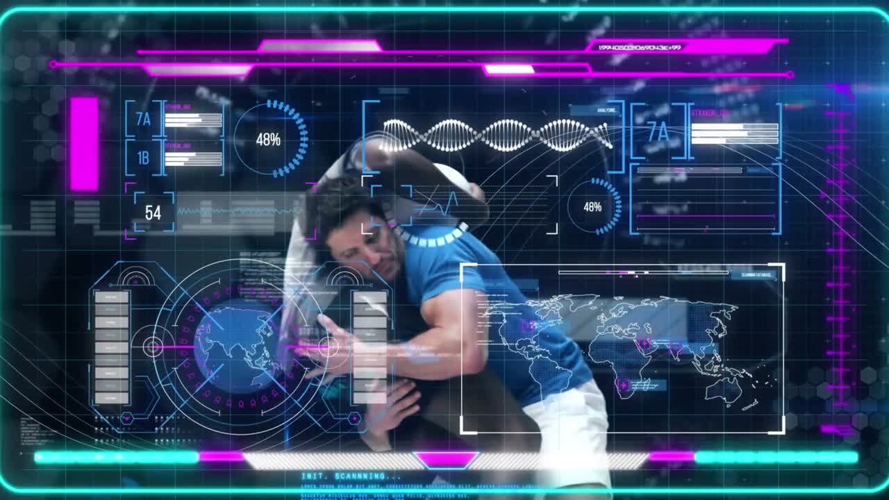 Animation of interface processing data over two male rugby players tackling