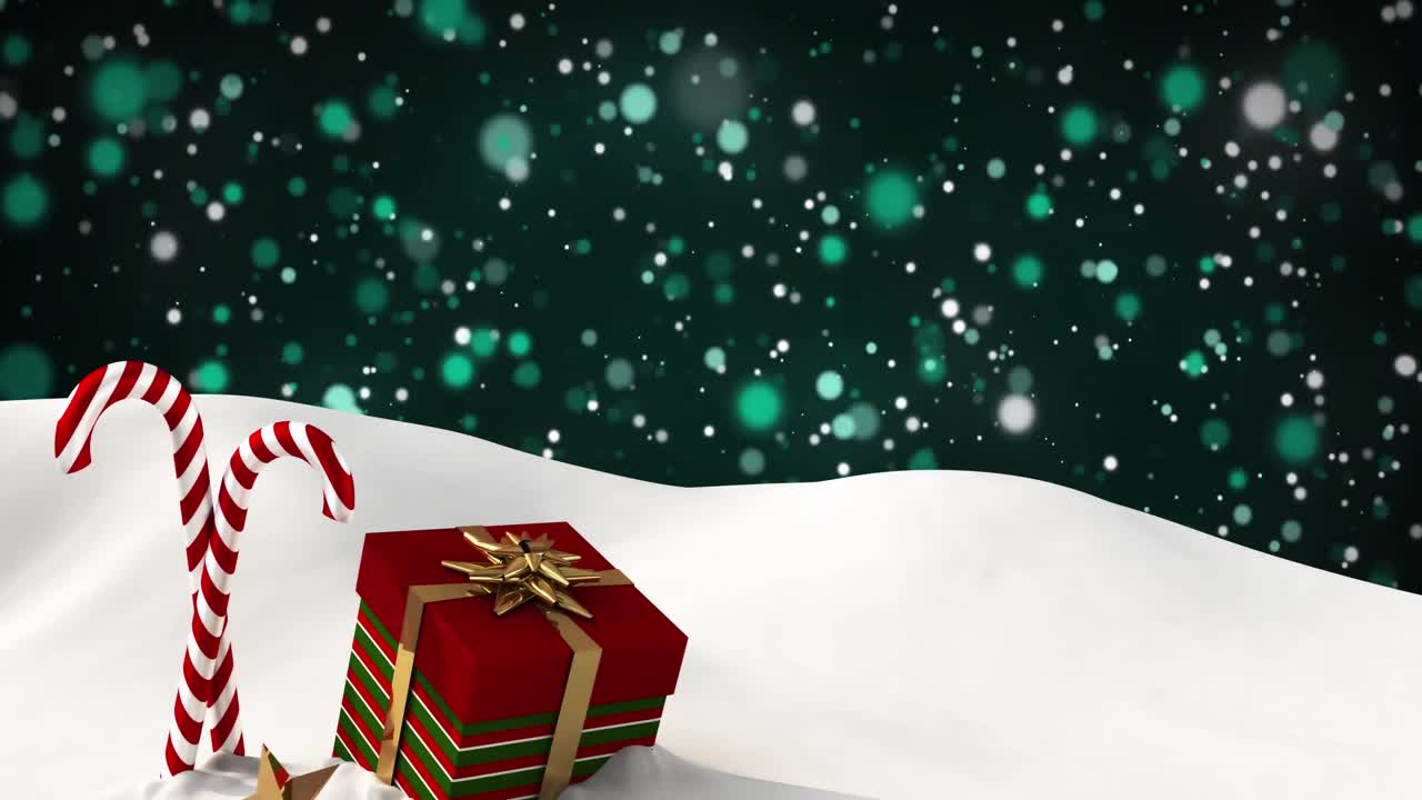 animación de regalos y dulces de navidad sobre la nieve con luces verdes cayendo en el fondo
