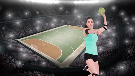 animation of caucasian female handball player throwing ball over sports stadium