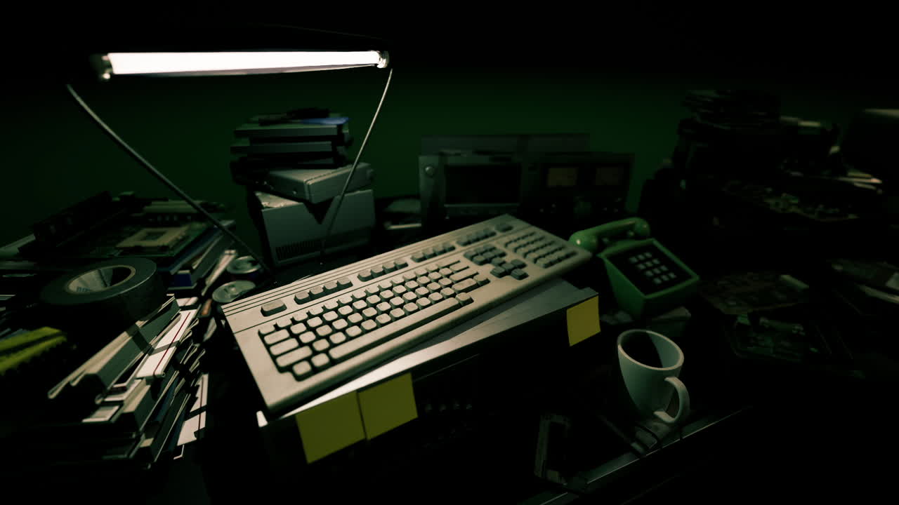 A cluttered desk with an old computer keyboard and various gadgets at night
