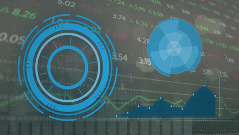 Animation-of-round-scanners,-statistical-and-stock-market-data-processing-against-view-of-cityscape