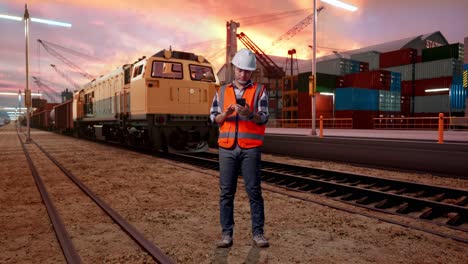 full body of asian male engineer with safety helmet using smartphone while standing with freight cargo train at port
