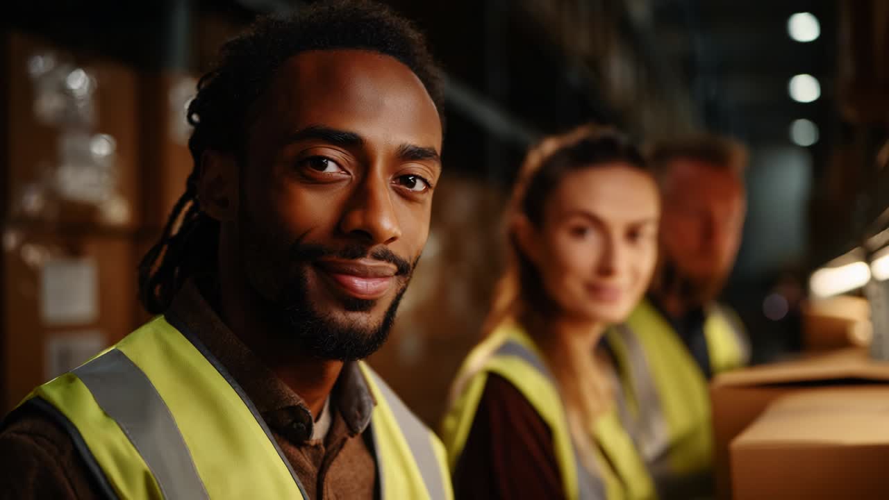 A group of warehouse workers, smiling and engaging with their tasks, wearing safety vests while handling packages in a well-organized facility, showcasing teamwork and professionalism in their environment