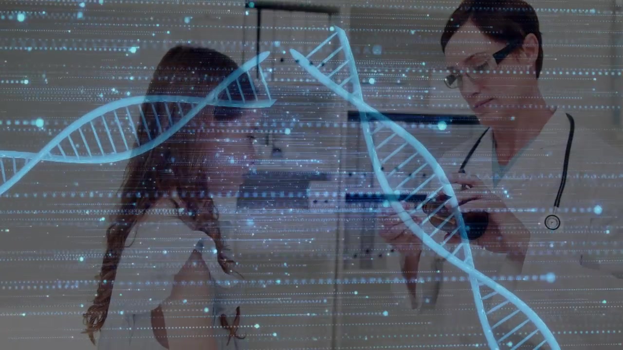 Doctor Explaining Medication to Young Patient with Digital DNA Overlay