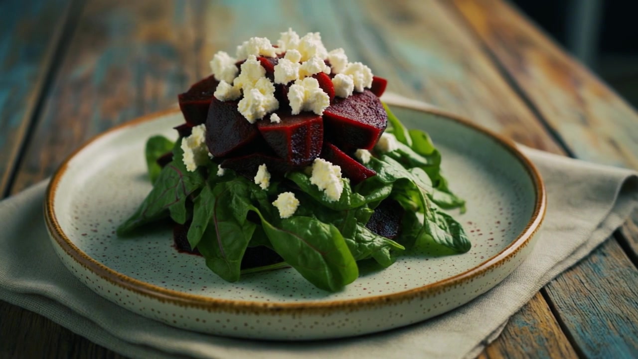 Frischer Rote-Bete- und Feta-Salat auf einem rustikalen Teller