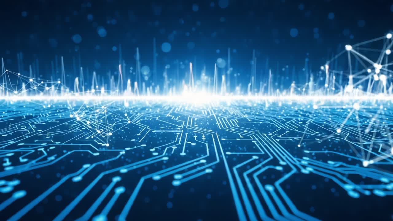 A Groundbreaking Perspective on Digital Connectivity: Abstract Visualization of Circuitry and Data Flow in a Vibrant Blue Toned Environment