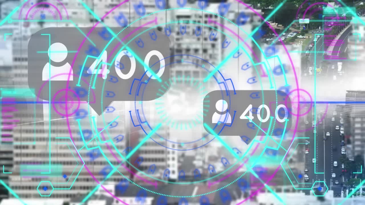 Animation of icons with growing numbers and scope scanning over cityscape