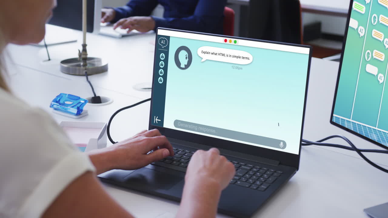 사무실에서 컴퓨터를 사용하여 화면에 ai 메시지를 사용하는 백인 여성