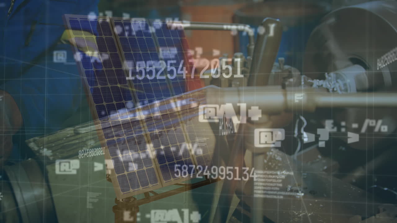 animación del procesamiento de datos financieros y estadísticas sobre el hombre caucásico que trabaja en la fábrica