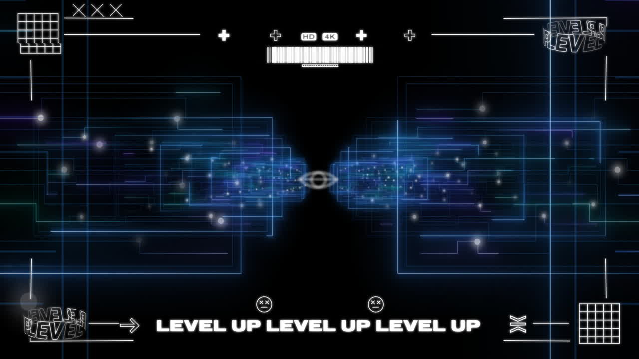 Level up text animation over digital network with blue and black background