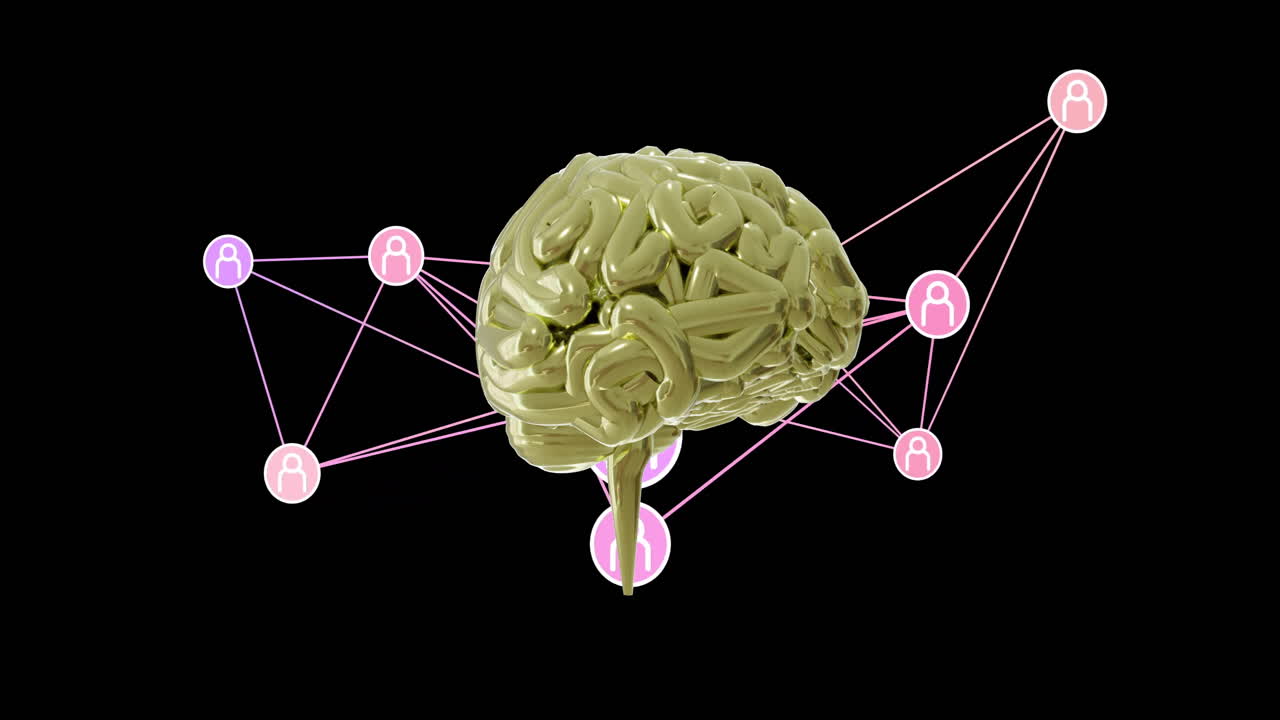 Brain model with network connections and user icons animation on black background