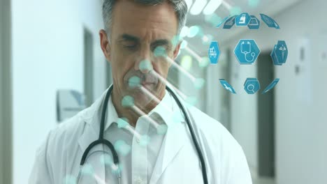 Globus-Medizinischer-Symbole-Und-DNA-Struktur-Gegen-Männlichen-Arzt,-Der-Ein-Digitales-Tablet-Verwendet