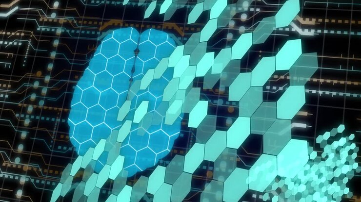 Animation of digital brain, data processing over computer circuit board