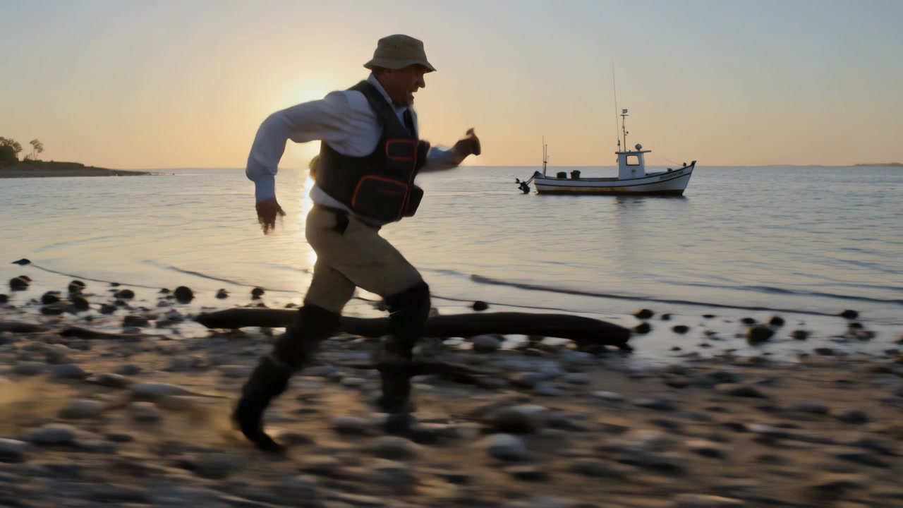 Running man in bucket hat and life vest heading across rocky shoreline toward anchored boat