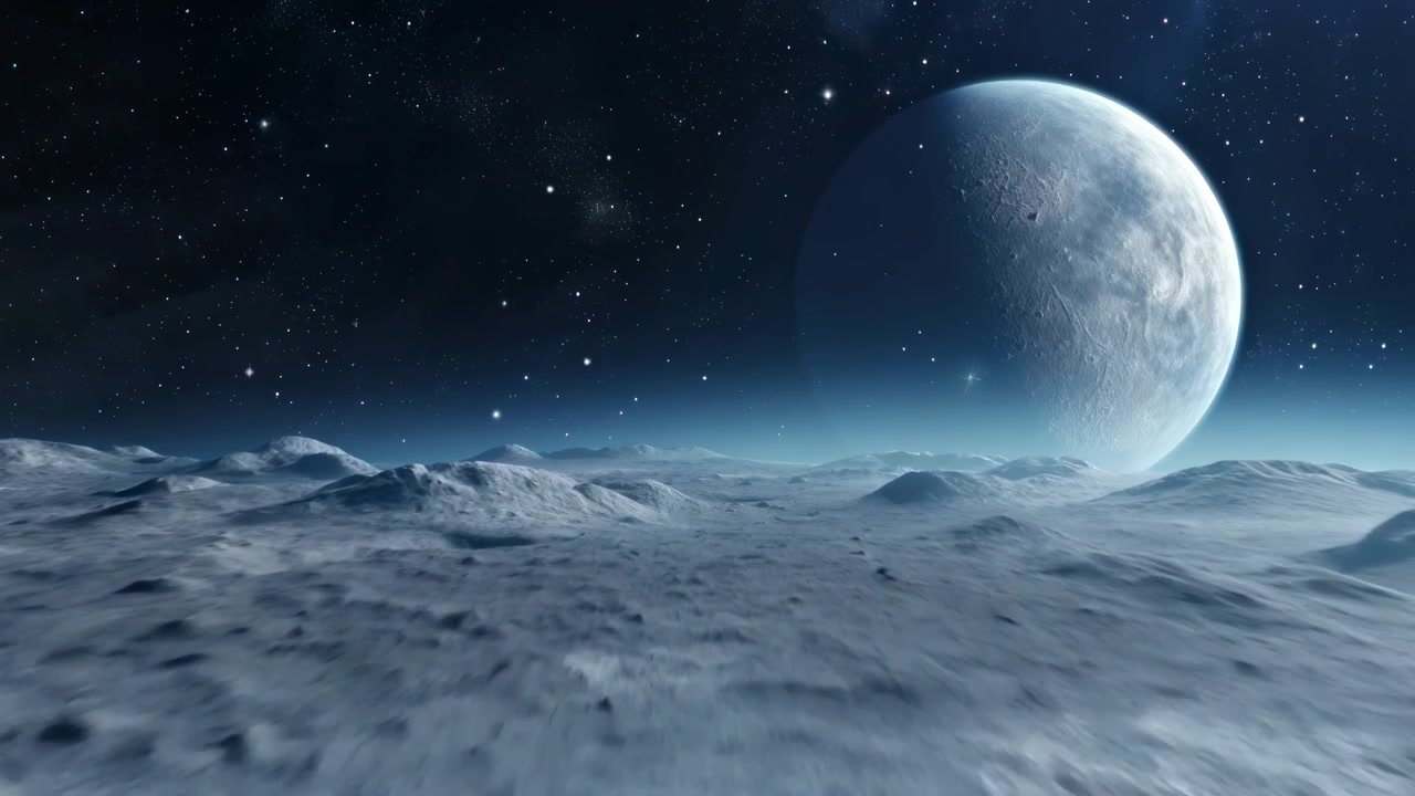 Lavhøjde flyvning over en øde måneoverflade med en stor planet i baggrunden