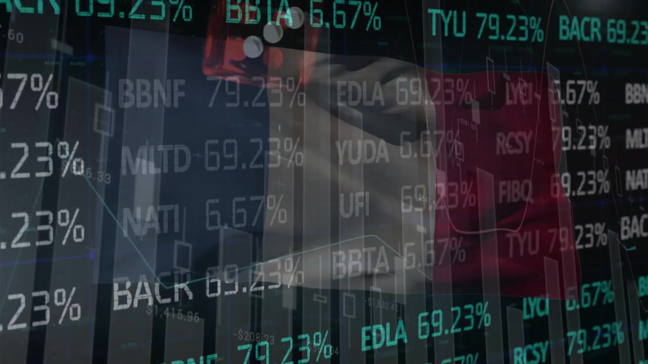 Animation of stock market and data processing over dice and flag of france on black background