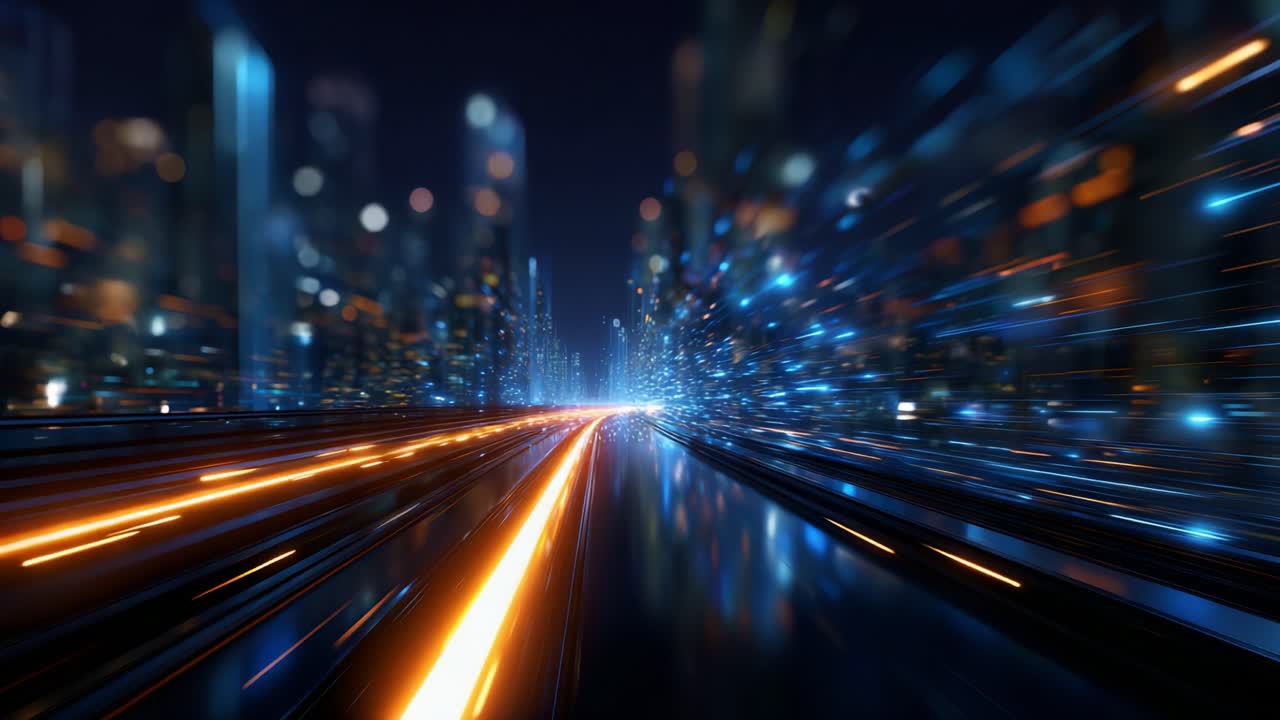 Movimento dinamico attraverso un paesaggio urbano futuristico di notte, con luci sfocate ed energia in movimento che riflettono il progresso e l'innovazione negli ambienti urbani